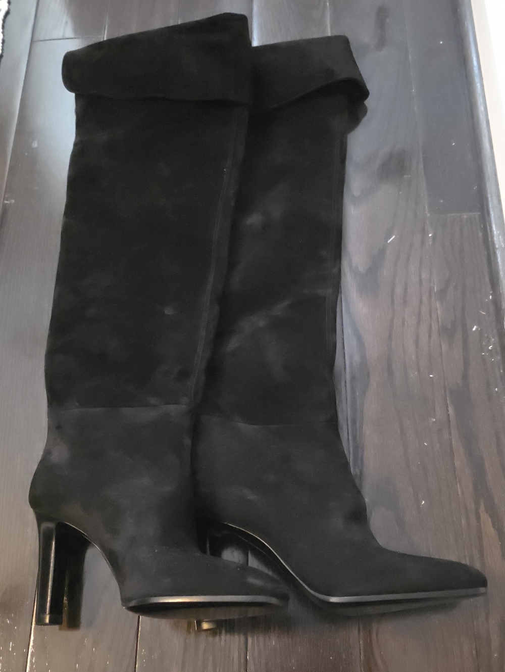 YSL Black Suede Knee-High Heeled Boots - Women's Over-the-Knee Boot